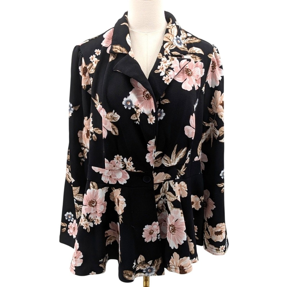 Floral‎ Peplum Blazer Black Pink Stretch Career Office Jacket Plus 2XL